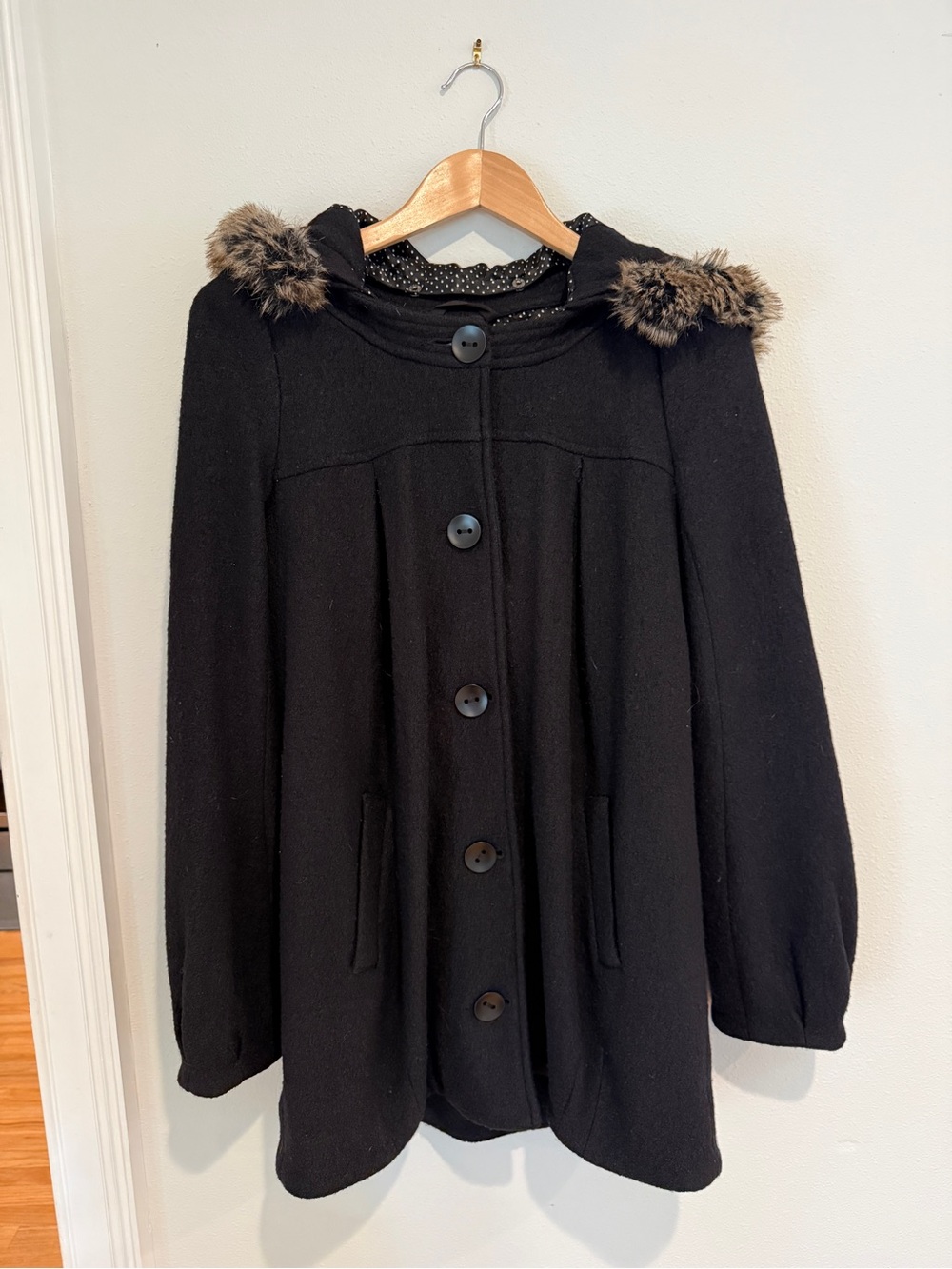 Free People Black Hooded Peacoat with Faux Fur Trim